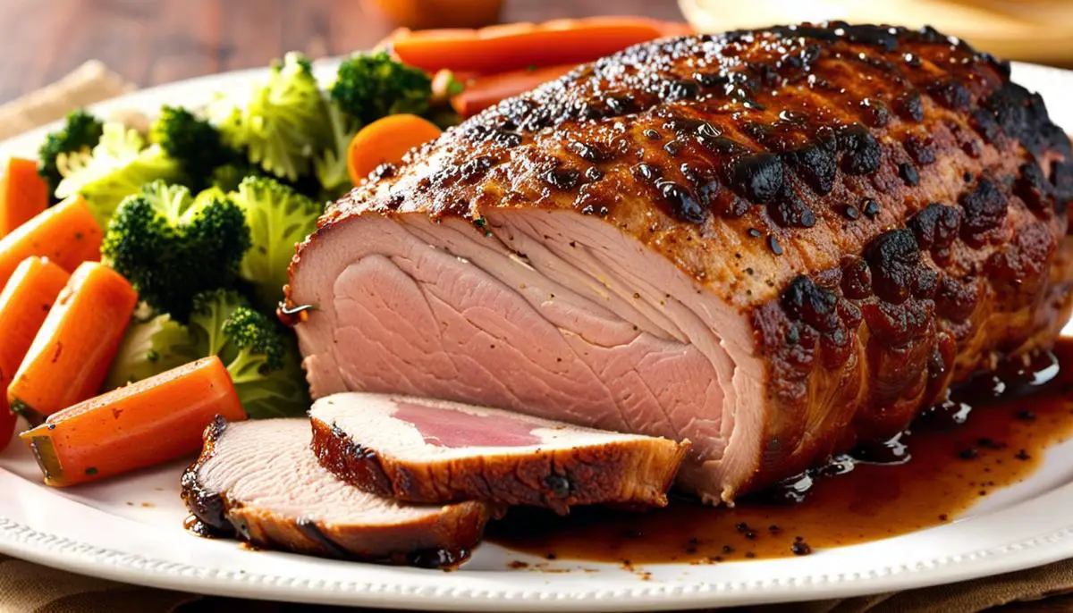 A close-up image of a pork roast with a flavorful rub, cooked to perfection.