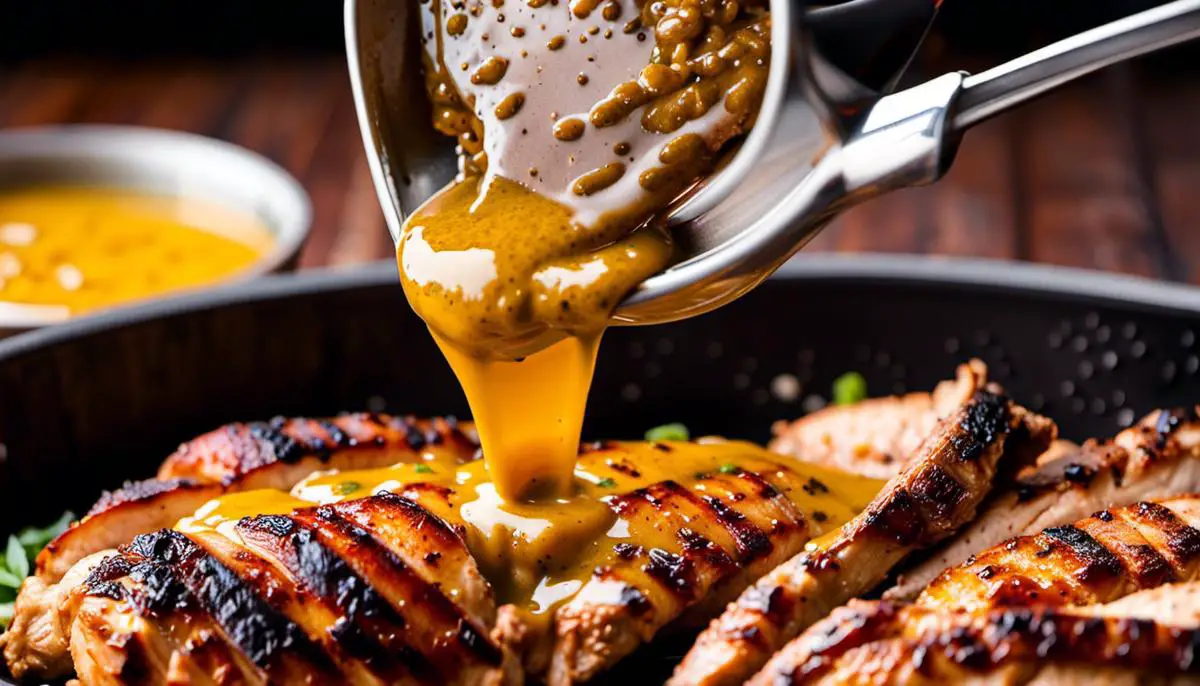 A close-up photograph of a barbecue mustard sauce being poured onto grilled chicken.