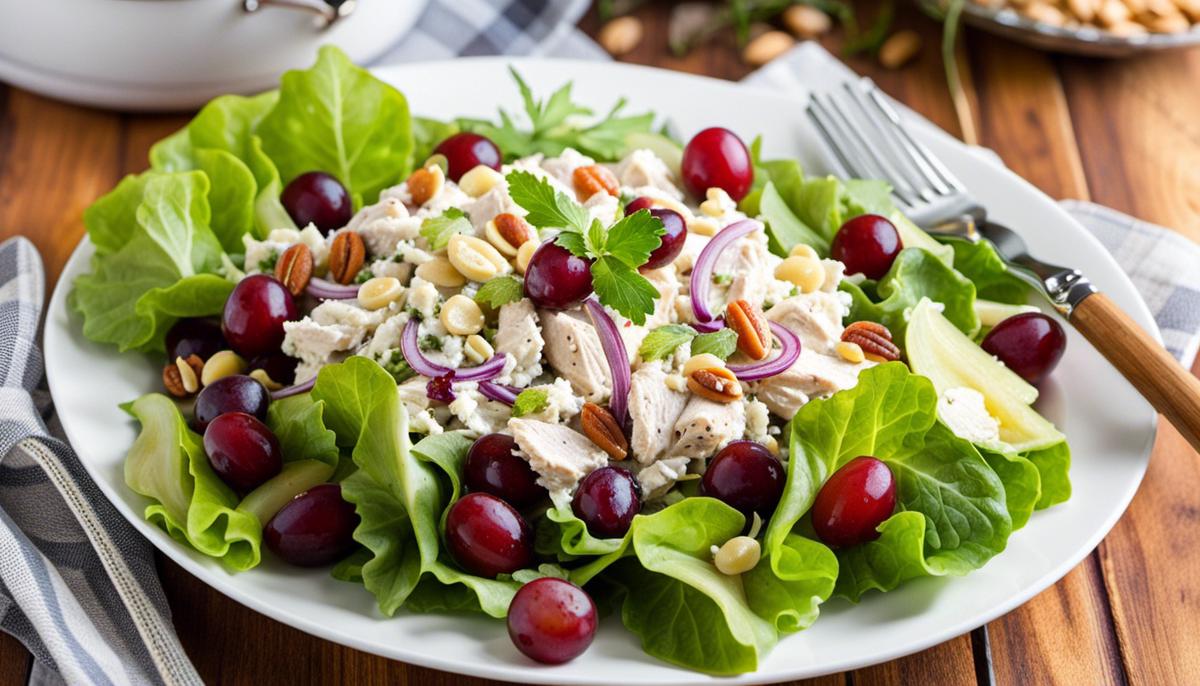A delicious chicken salad with grapes, nuts, and various additional ingredients, providing a balance of flavors and textures.