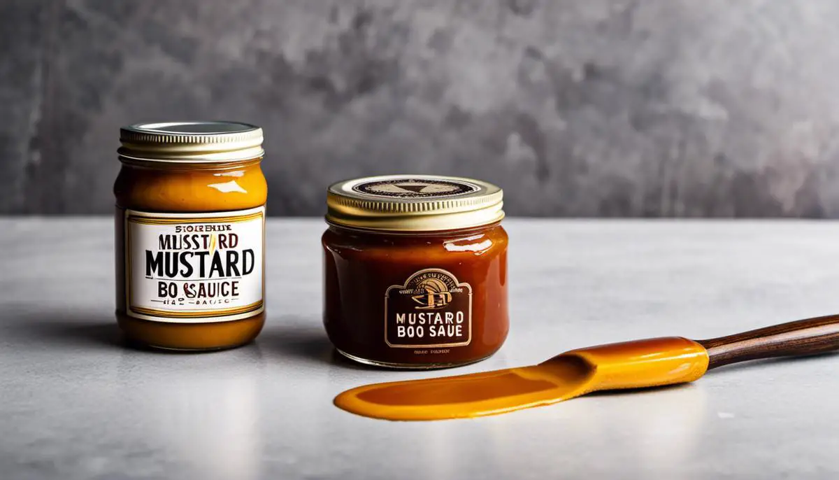 A jar of mustard BBQ sauce with a basting brush next to it.