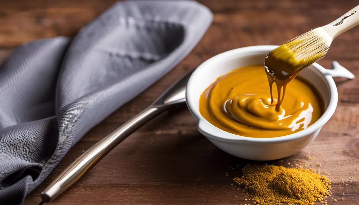 A bowl of mustard BBQ sauce with a brush for application