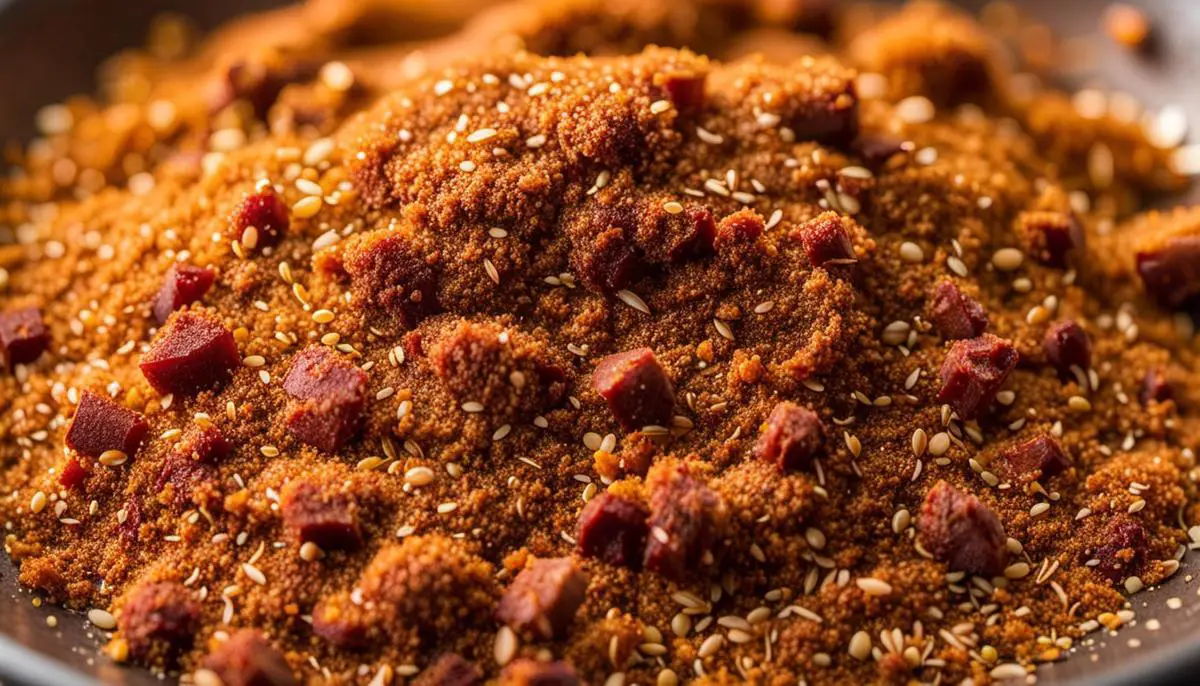 A close-up image of a savory pork rub mixture with various spices and brown sugar, ready to be applied to meat.