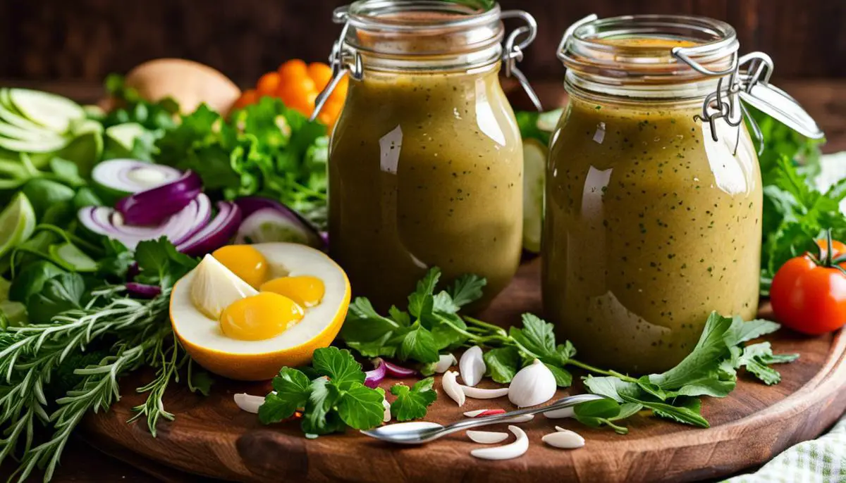 A jar of homemade southern salad dressing surrounded by fresh herbs and ingredients.